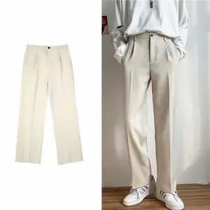 M-4XL Men Pants Chino Slack Wide Leg Elastic Waist Spring Summer Autumn Casual Korean Office Work Street Straight Loose Long Outfit Plus Size Black Khaki