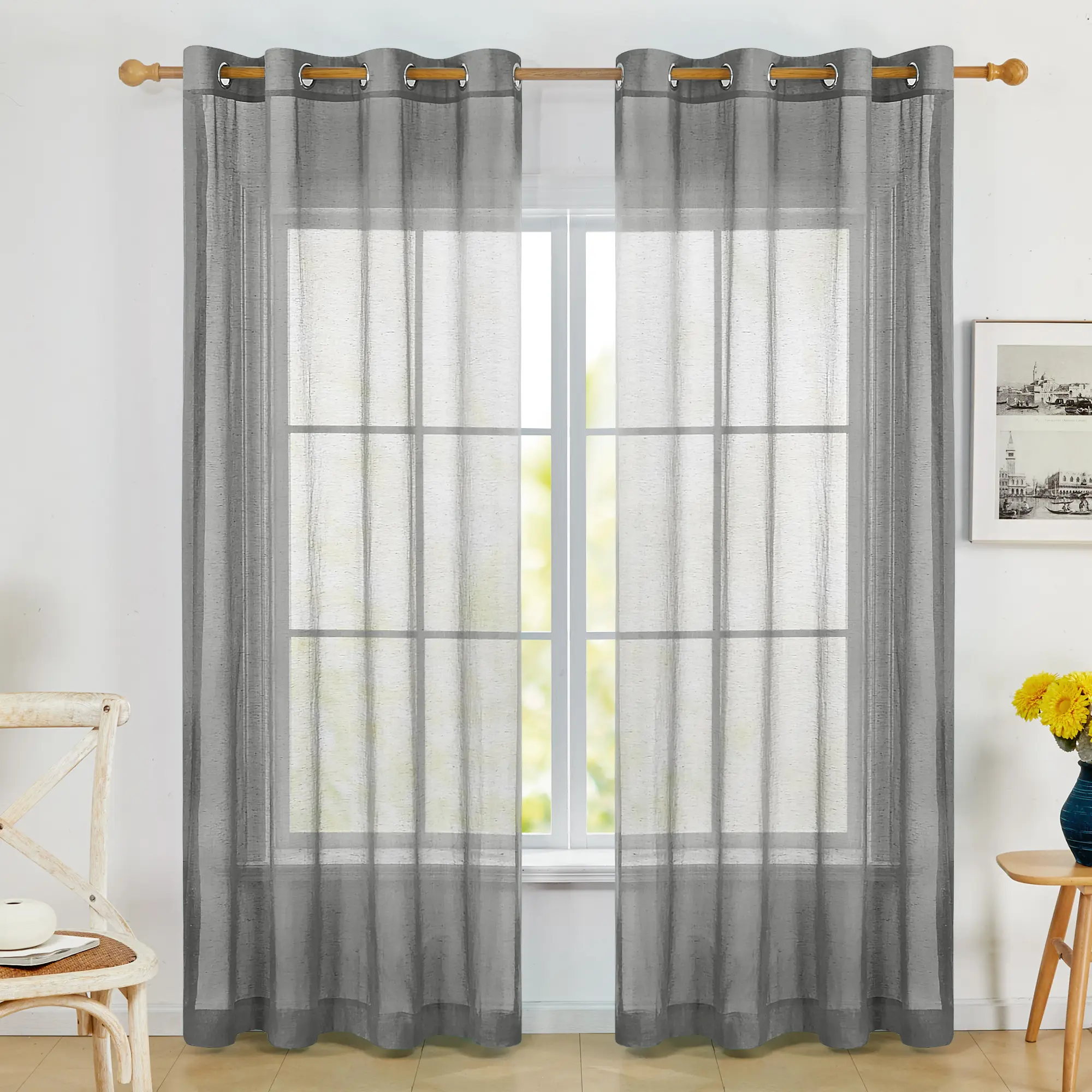 Deconovo Sheer Curtains Natural Linen Look with Grommet Top for Home Decor Natural Linen Texture Gray Color