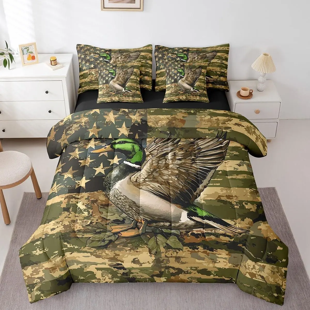 Duck Camo 7 Piece Bedding Set Hunting Duck Comforter Set with Sheets Hunter Rustic Farmhouse Cabin Bed in a Bag Wild Home Decor