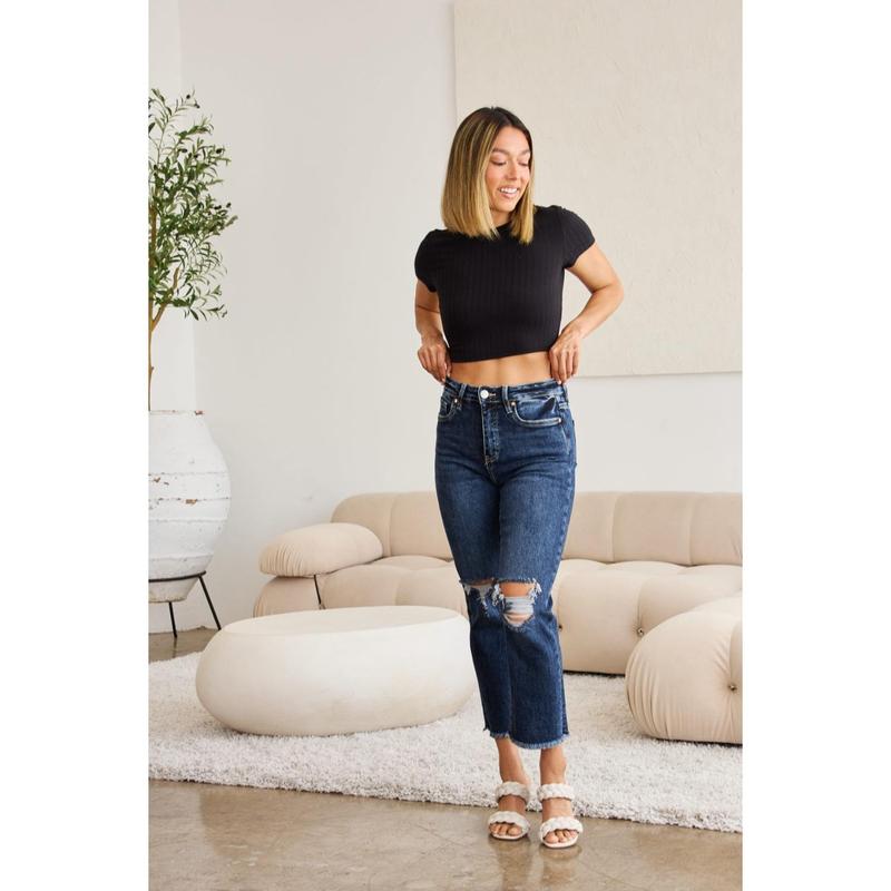 RFM Crop Dylan Full Size Tummy Control Distressed High Waist Raw Hem Jeans