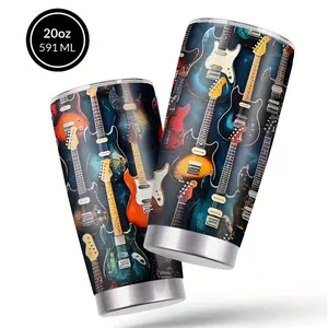 Guitar pattern coffee mug, 20 oz stainless steel thermos mug with lid and straw, can be used as beverage container and kitchen storage, travel mug, spring and summer water bottle, ideal gift for birthdays, Stainless Steel Digital Insulated Sports Bottle
