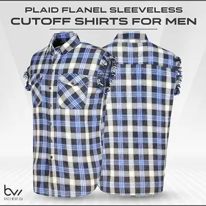 BIKER WEAR USA Plaid Flannel Casual Sleeveless Shirt 100% Cotton Collared Classic Menswear Top Breathable & Comfortable Small to 3XL Machine Washable Checked Design