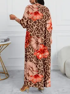 Plus Size Summer Vacation Leopard Print Tropical Floral V Neck Midi Dress, Loose Fit Split Hem Long Dress, Casual Style, Casual Boho Chic, Womenswear