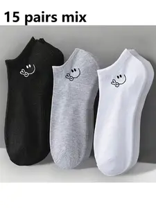 15 Pairs Simple Smile Comfortable Breathable Socks for Men and Women, Classic Solid Color Casual Short Socks