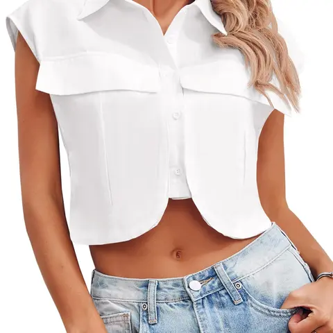 Tankaneo Womens Button Down Shirts Cute Summer Cap Sleeve Crop Tops Blouse