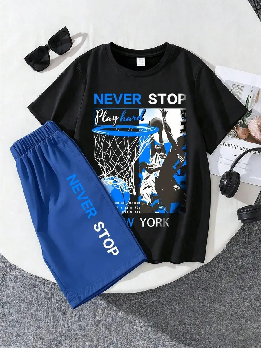 Boys' 2-Piece Polyester Blend Basketball Graphic T-Shirt and Shorts Matching Set, Sporty Chic Casual Summer Outfit for School/Play Teens, Matching Sets, For Boys
