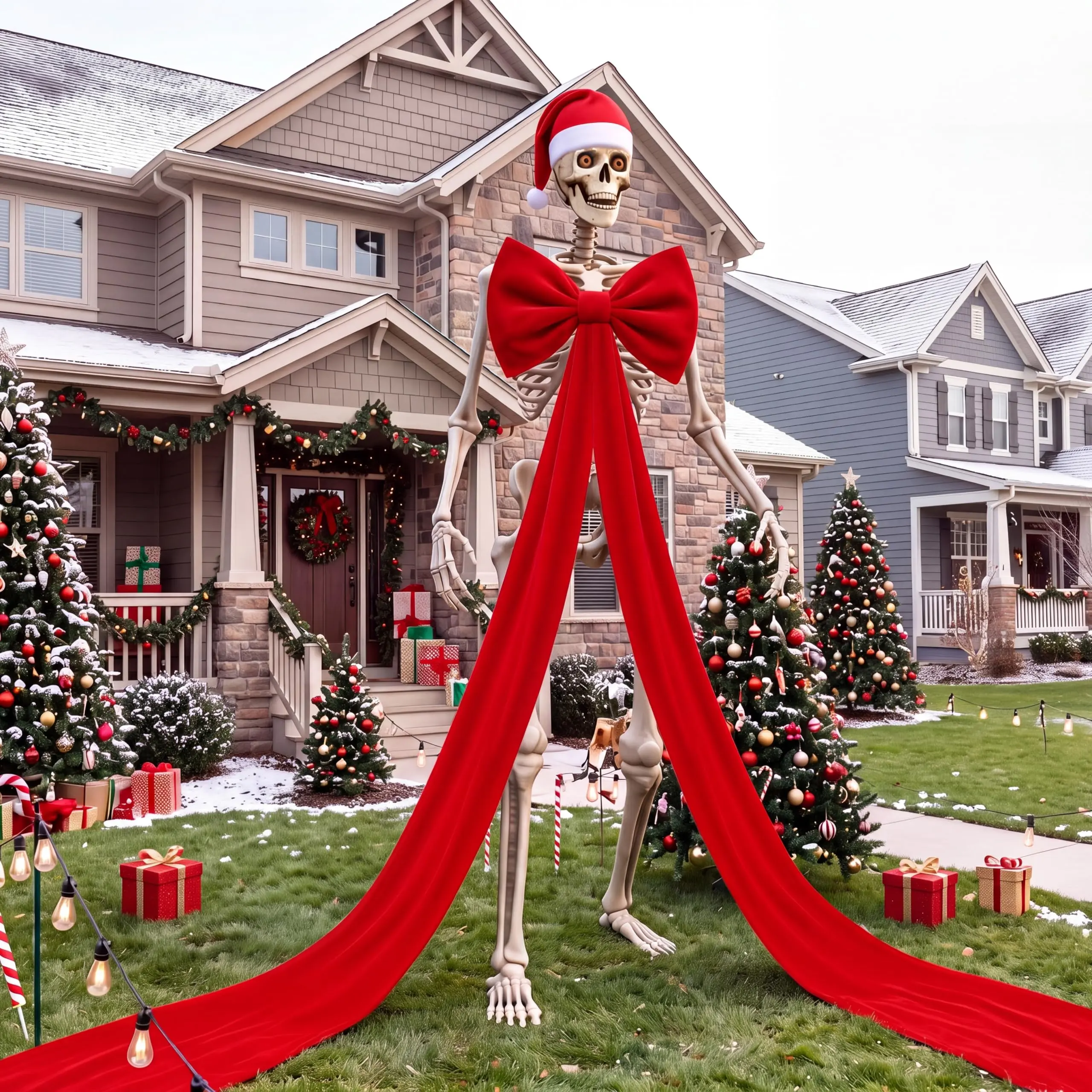 12 Ft Giant Skeleton Christmas Costume Accessories Set, Xmas Outfit with Santa Hat, Scarf, Pants, Jackets and Holiday Props for Outdoor Lawn Garden Decor