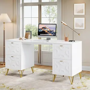 Tribesigns 59-Inch White Executive Computer Desk with 4 File Drawers Storage, Modern Writing Table, Luxury Desk with Gold Legs for Home Office Filing Minimalist
