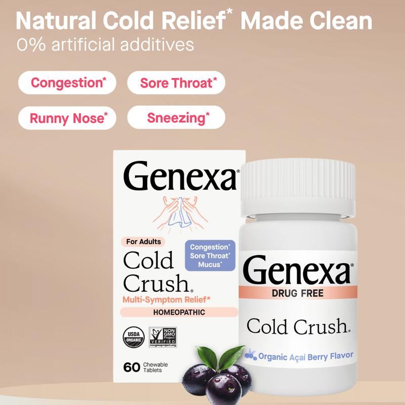 Genexa Cold Crush | Multi-Symptom Cough & Cold Relief for Adults | Delicious Organic Acai Berry Flavor | Certified Organic & Non-GMO | Homeopathic Remedy Made Clean | Chewable Tablets