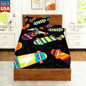 Skateboard Kids Fitted Sheet Full Size,Skateboarding Extreme Sports Games Bedding Set,Boys Girls Room Decor,Graffiti Hippie Hip Pop Fashion Bed Cover,Black Bed Sheet,2 Pillowcases