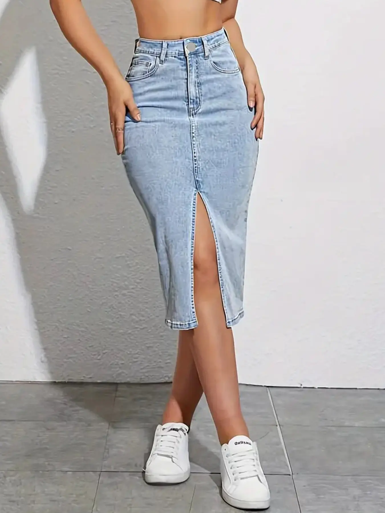 Women's Denim Midi Skirt, Fashion Casual Skirt, High Waist Split Thigh Design, Light Blue Stretch Material, Perfect for Spring Summer Fall, Stretch Skirts