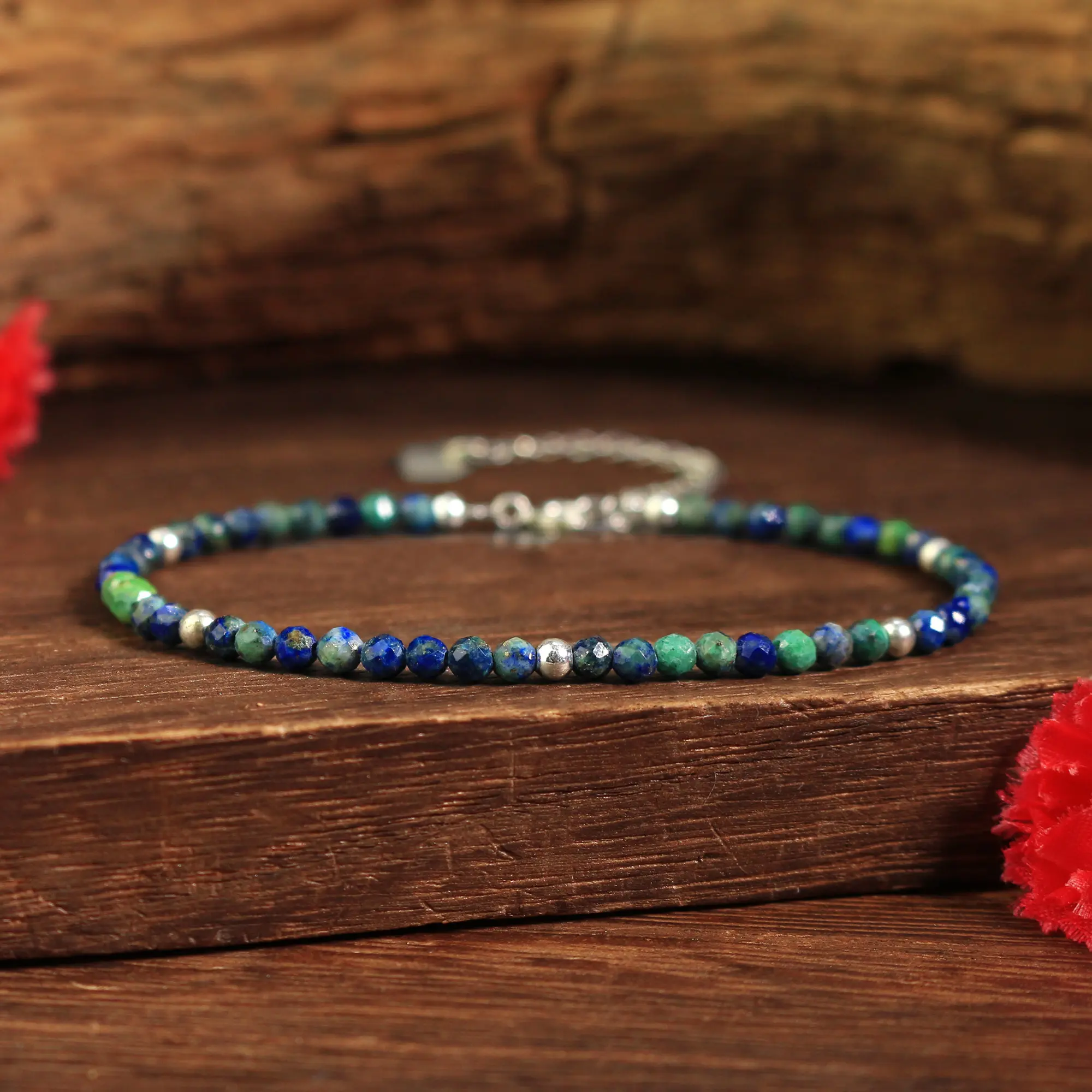Natural Dainty 2mm Azurite Malachite Blue Crystal Healing Chakra Bracelet, Silver Chain, Minimalist Style, 6.5-7.5 Inches, Birthday/Mother's Day Gift for Adults