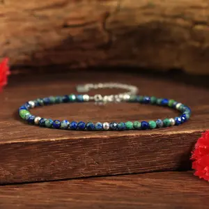 Natural Dainty Azurite Malachite Tiny 2mm Beads Blue Crystal Healing Charka Crystal Silver Chain Minimalist Bracelet Gift for Men Women