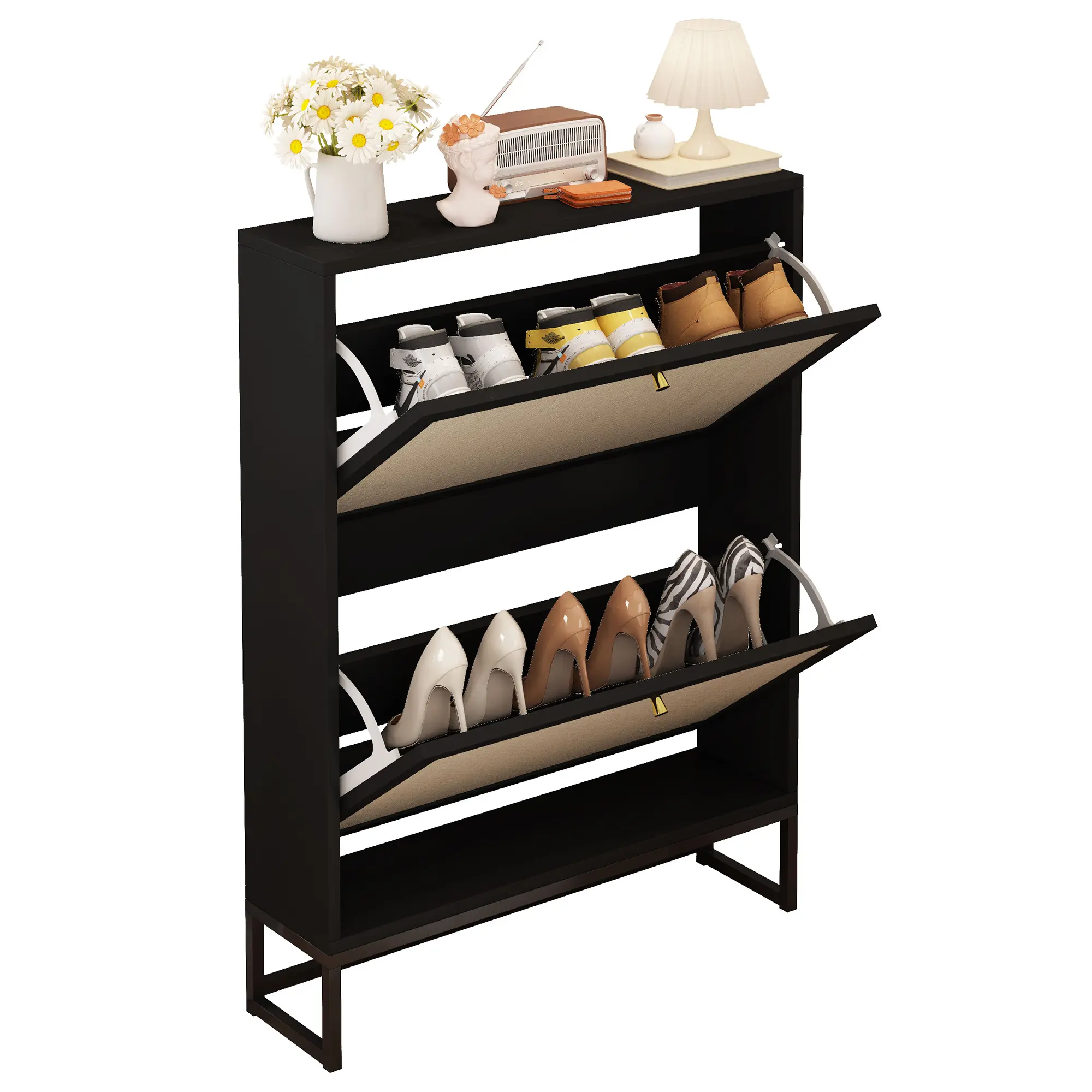 Giratree Narrow Shoe Cabinet for Entryway, 34.7'' Slim Shoe Storage Organizer with 2 Flip Drawers, Metal Base and Burlap Doors for Hallway, Closet and Small Spaces