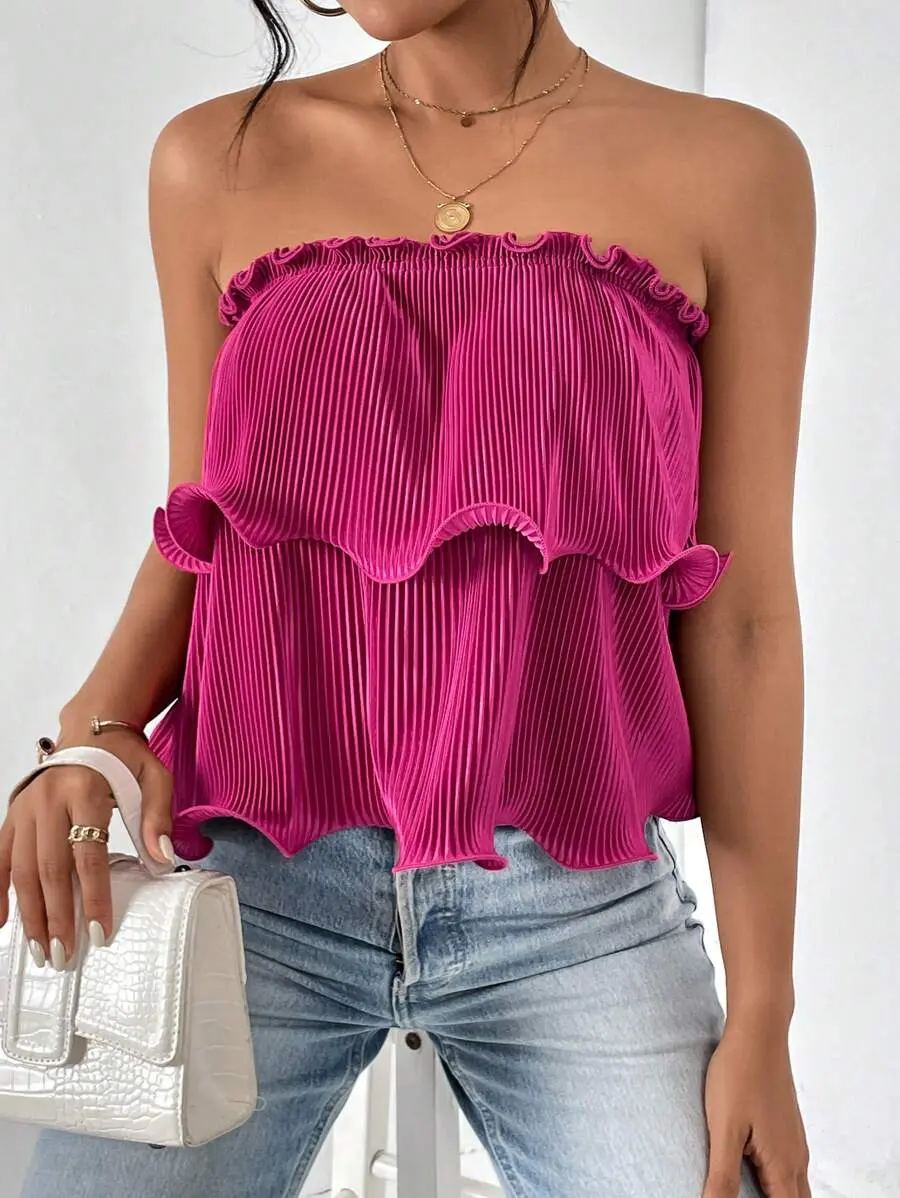 Striped Colorblock Frill Trim Tube Top, Vacation Sleeveless Strapless Crop Top, Women's Clothing