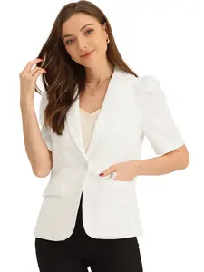 INSPIRE CHIC Puff Short Sleeve Blazer Women's Casual Work Lapel Collar Button Blazers Jackets