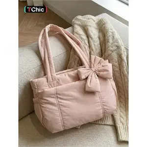 Quilted Puffy PU Leather Shoulder Bag - Bow Accent, Handles, Spacious Blush Pink Lightweight Casual Quilted Puffy Bag for Commuting, Shopping