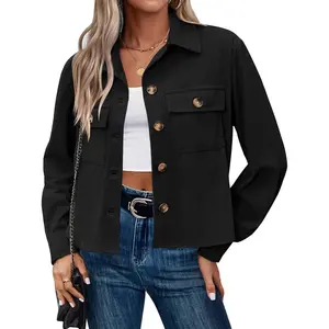 Womens Fashion Cropped Corduroy Shackets Button Down Jackets Tops Fall Trendy Long Sleeve Shirts