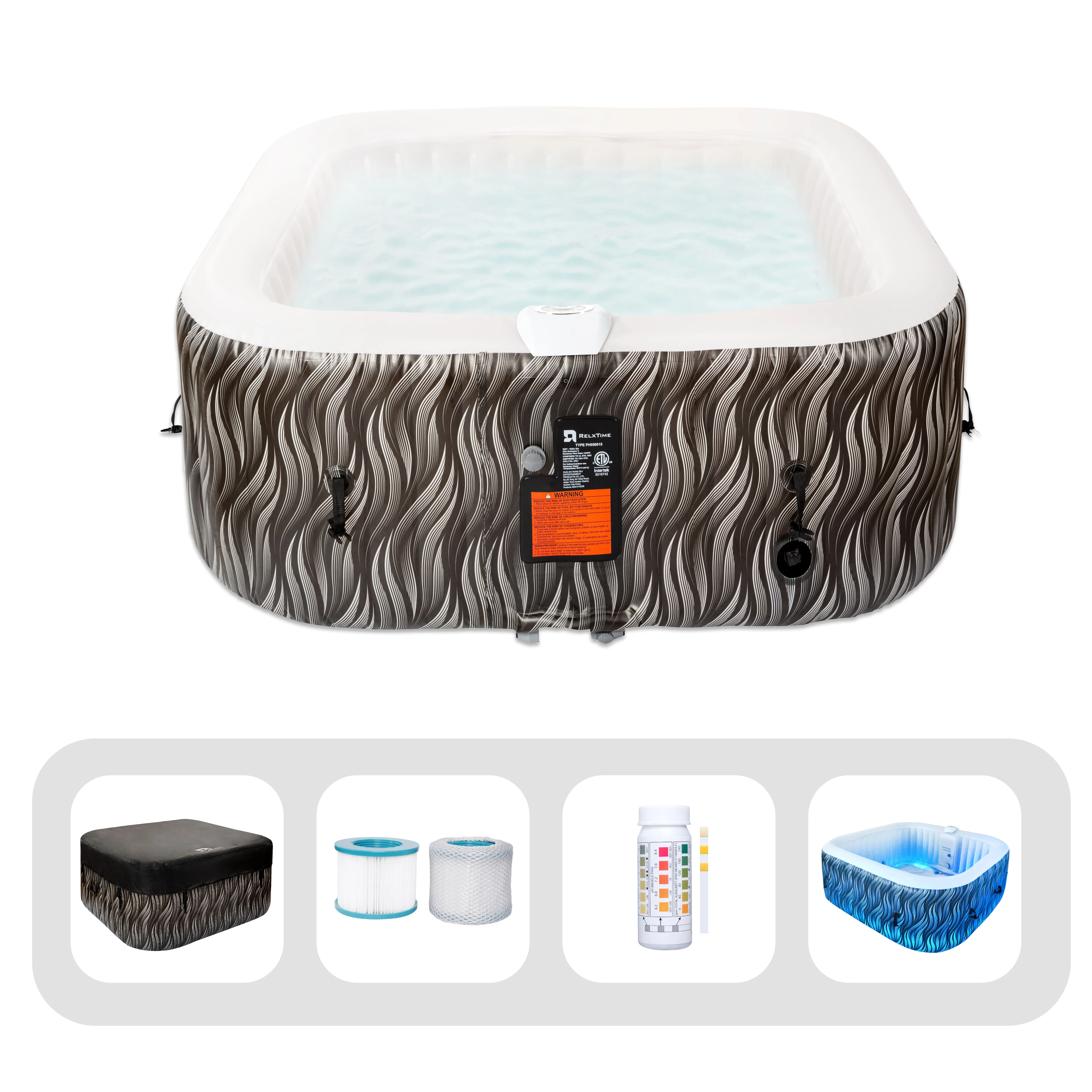 RELXTIME 6-Person Inflatable Hot Tub - Black LED Spa with 130 Massage Jets, Automatic Heating, Digital Control Panel, Portable Design, Easy to Use for Backyard Family Gatherings, Luxurious Massage Experience for Friends