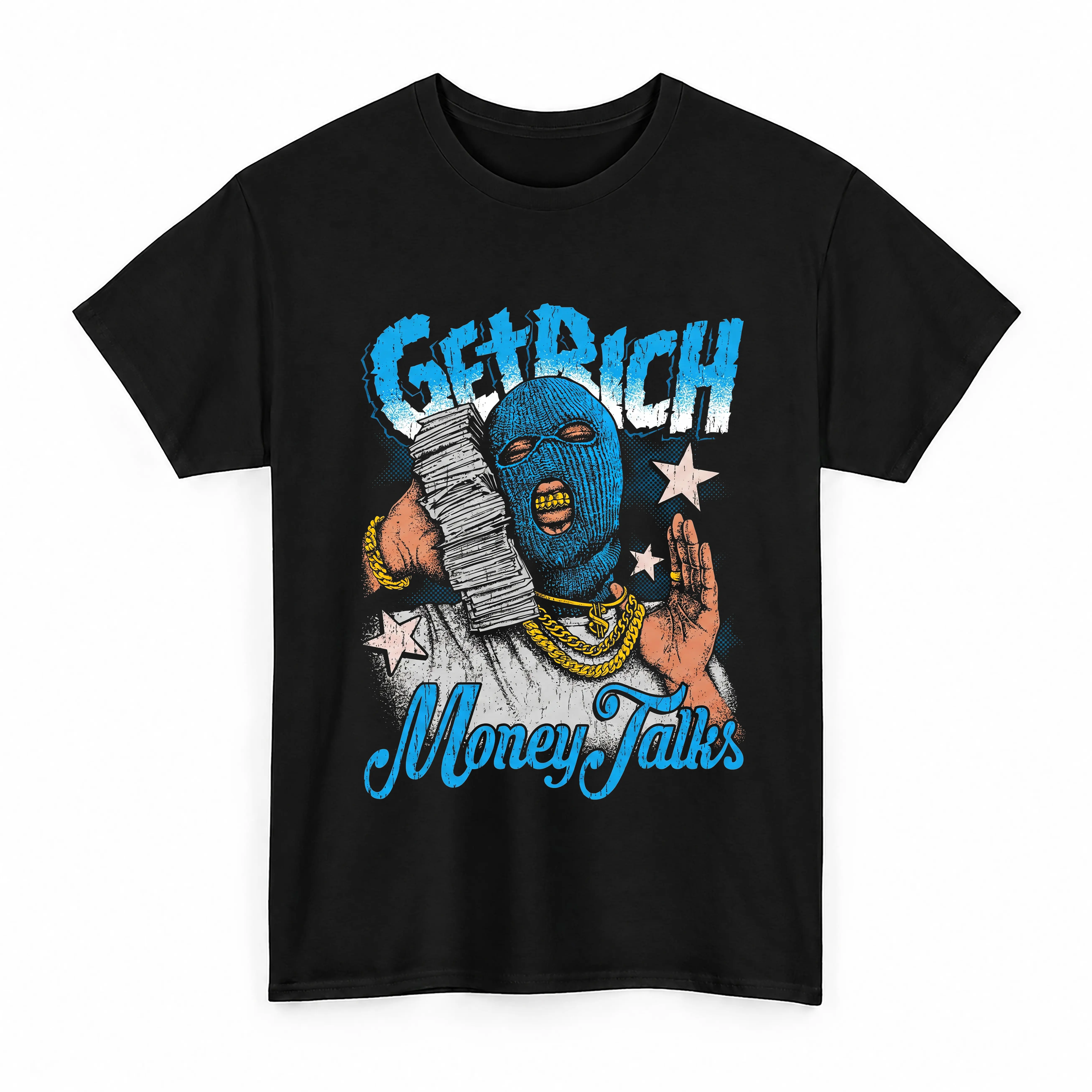 Money Talks Mask Graphic Tee Vintage Wash Streetwear Hustle T-Shirt Match Sneaker Blue