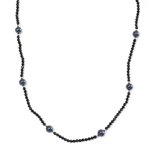 Peacock Color Shell Pearl and Black Spinel 77.00 ctw Beaded Endless Necklace in Silvertone 30 Inches Christmas Gifts