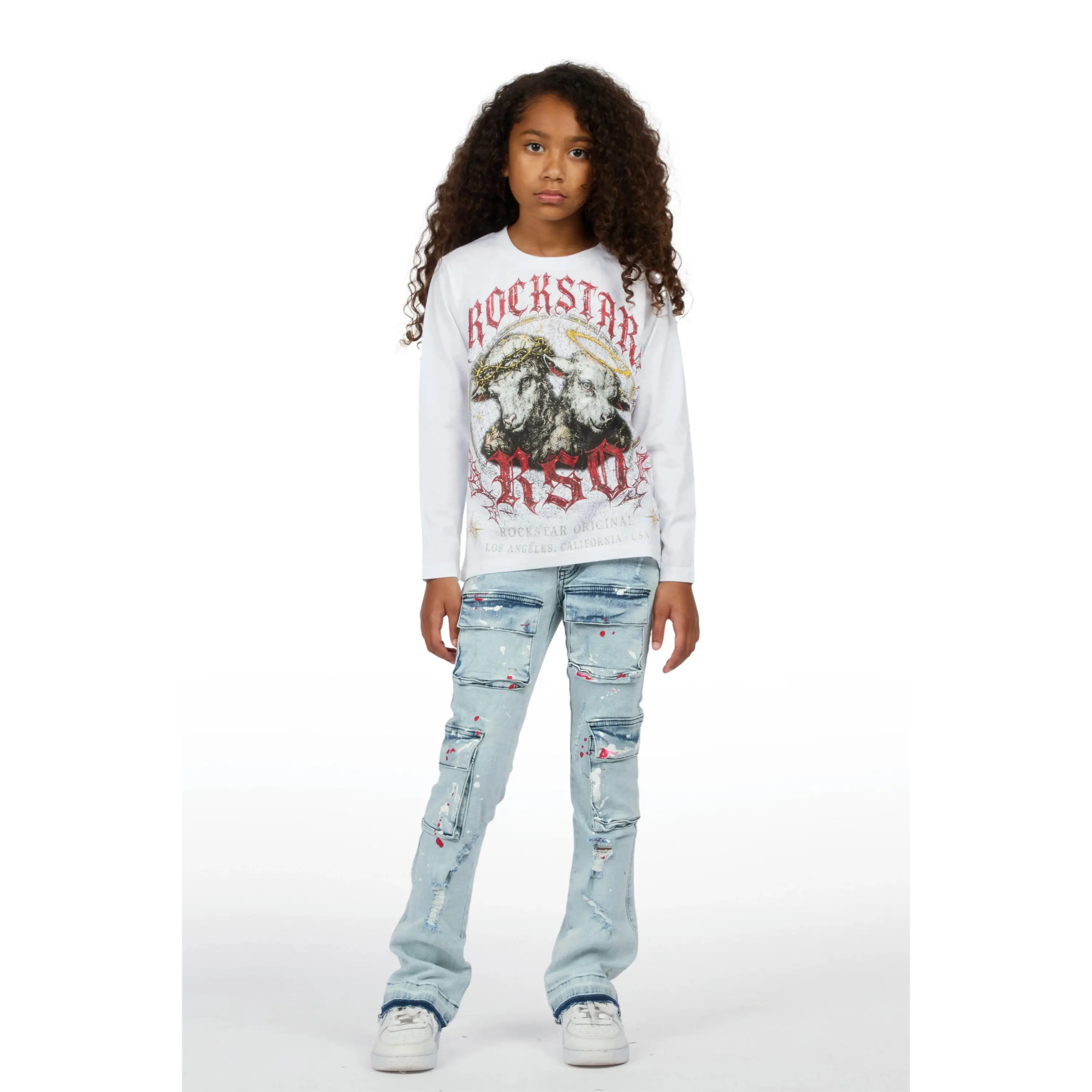 Girls Dezz White/Light Wash Long Sleeve T-Shirt Stacked Painter Jean Set