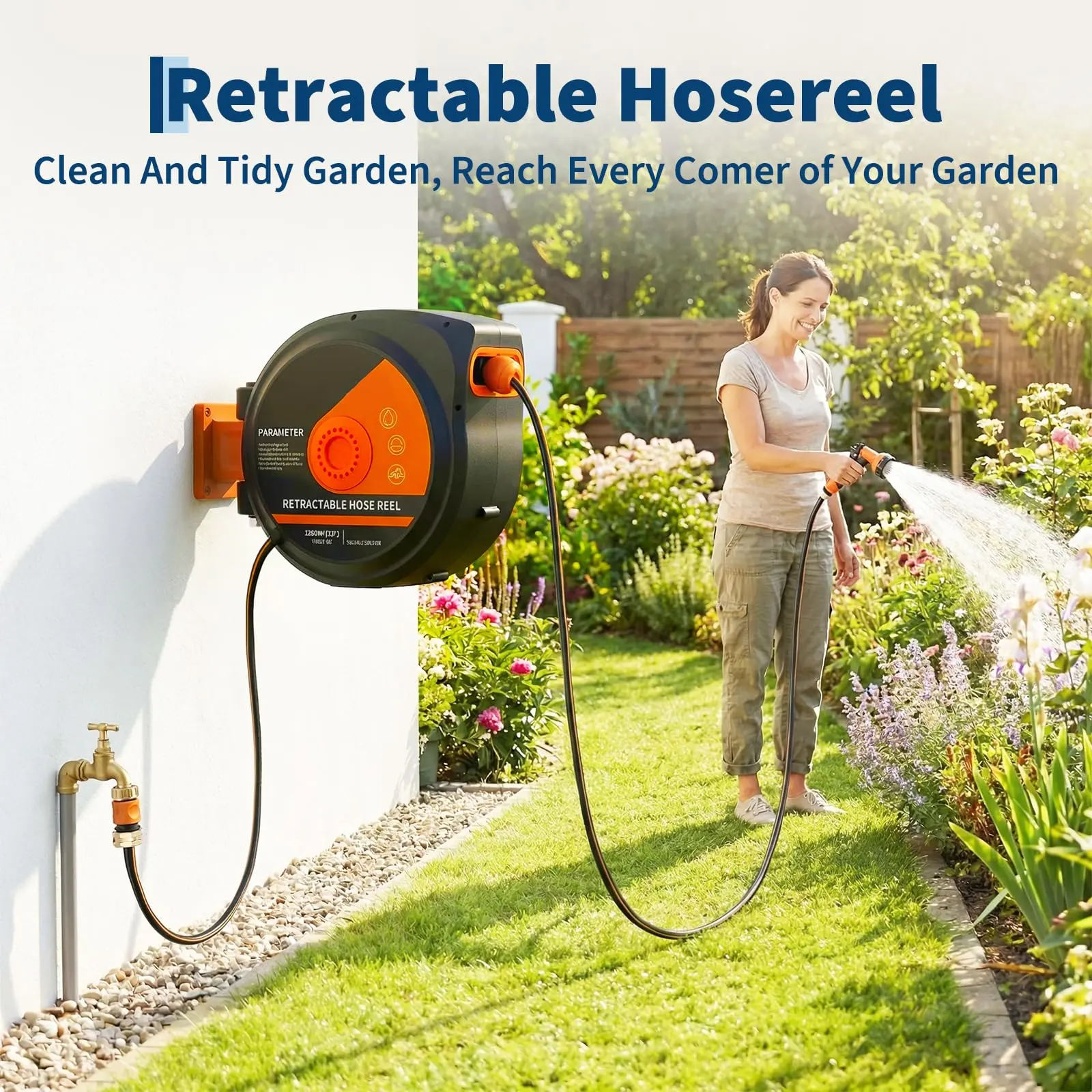 Heavy Duty 130ft Garden Hose Reel, Wall Mounted Retractable with 10 Pattern Sprayer, 6.5 ft Lead Hose, Automatic Rewind and Lock Any Length, Slow Retraction, 180° Swivel Bracket for Easy Storage