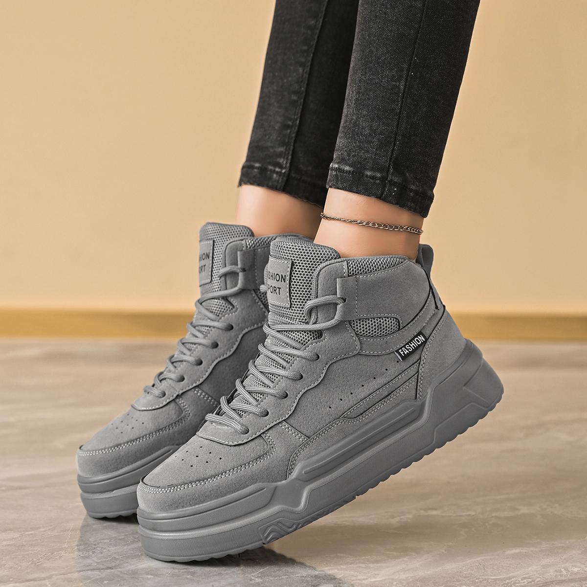 Women’s high-top sneakers, gray suede-texture platform shoes, casual platform shoes, fashionable workwear boots, height-boosting shoes, breathable and comfortable women’s shoes, street style, versatile everyday shoes Women’s high-top sneakers, gray suede-texture platform shoes, casual platform shoes, fashionable workwear boots, height-boosting shoes, breathable and comfortable women’s shoes, street style, versatile everyday shoes