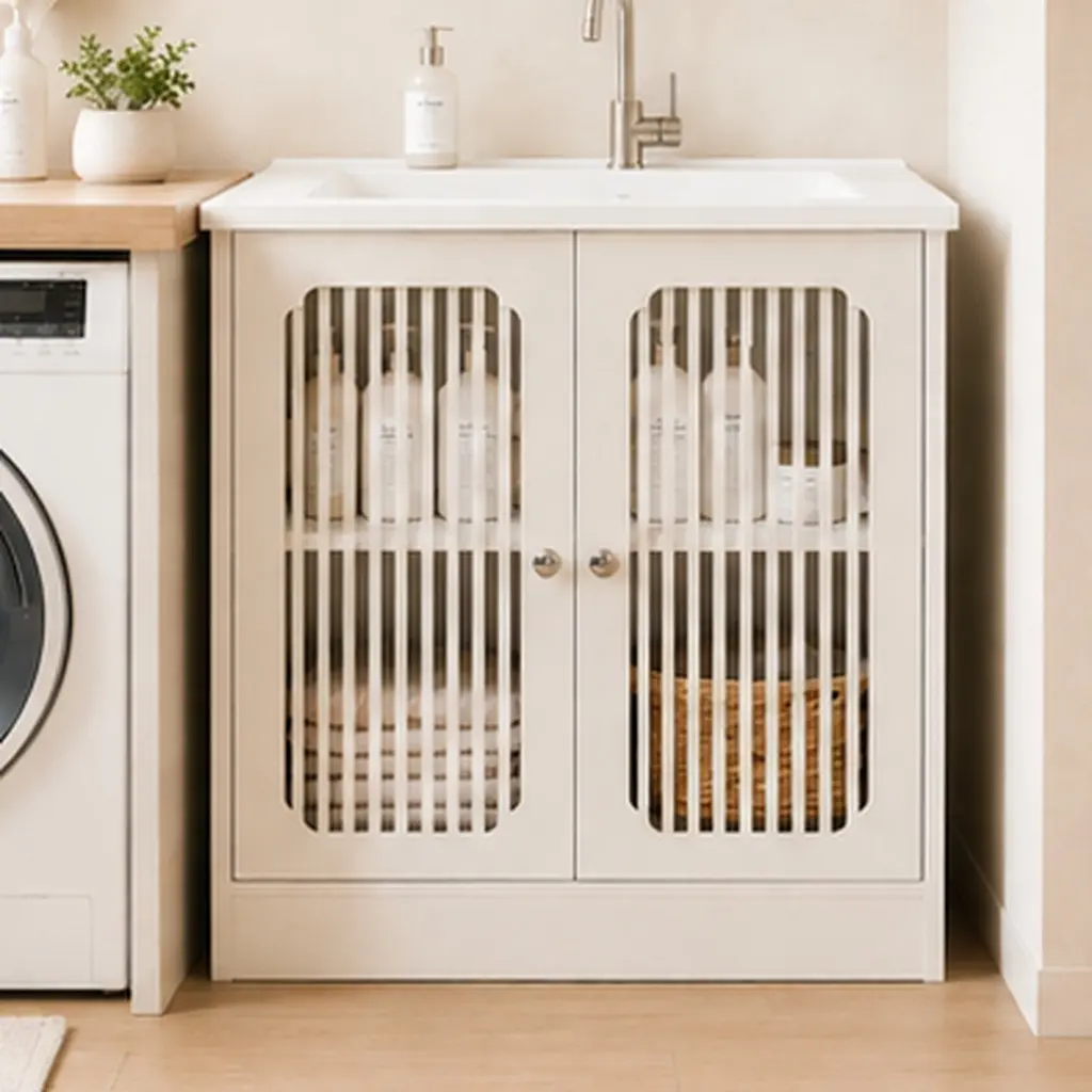 White Louvered Double-Door Floor-Standing Bathroom Storage Cabinet, Moisture-Resistant MDF and Particleboard Vanity Unit with Adjustable Shelf, Freestanding Linen Tower for Towels and Toiletries, 23.62"H x 11.81"W x 23.62"D, Easy Assembly