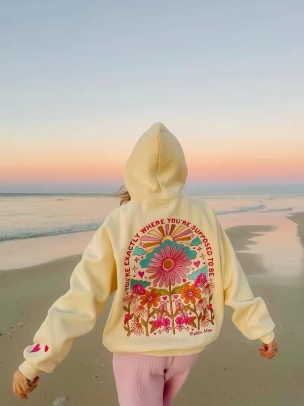 [SALE UP TO 30%] Women's Floral Graphic Hoodie - Pastel Yellow with Floral back Print - Lightweight Pullover Sweatshirt for Everyday & Beach Outfits - Machine Washable Women's Clothing, Ladies Beach Wear