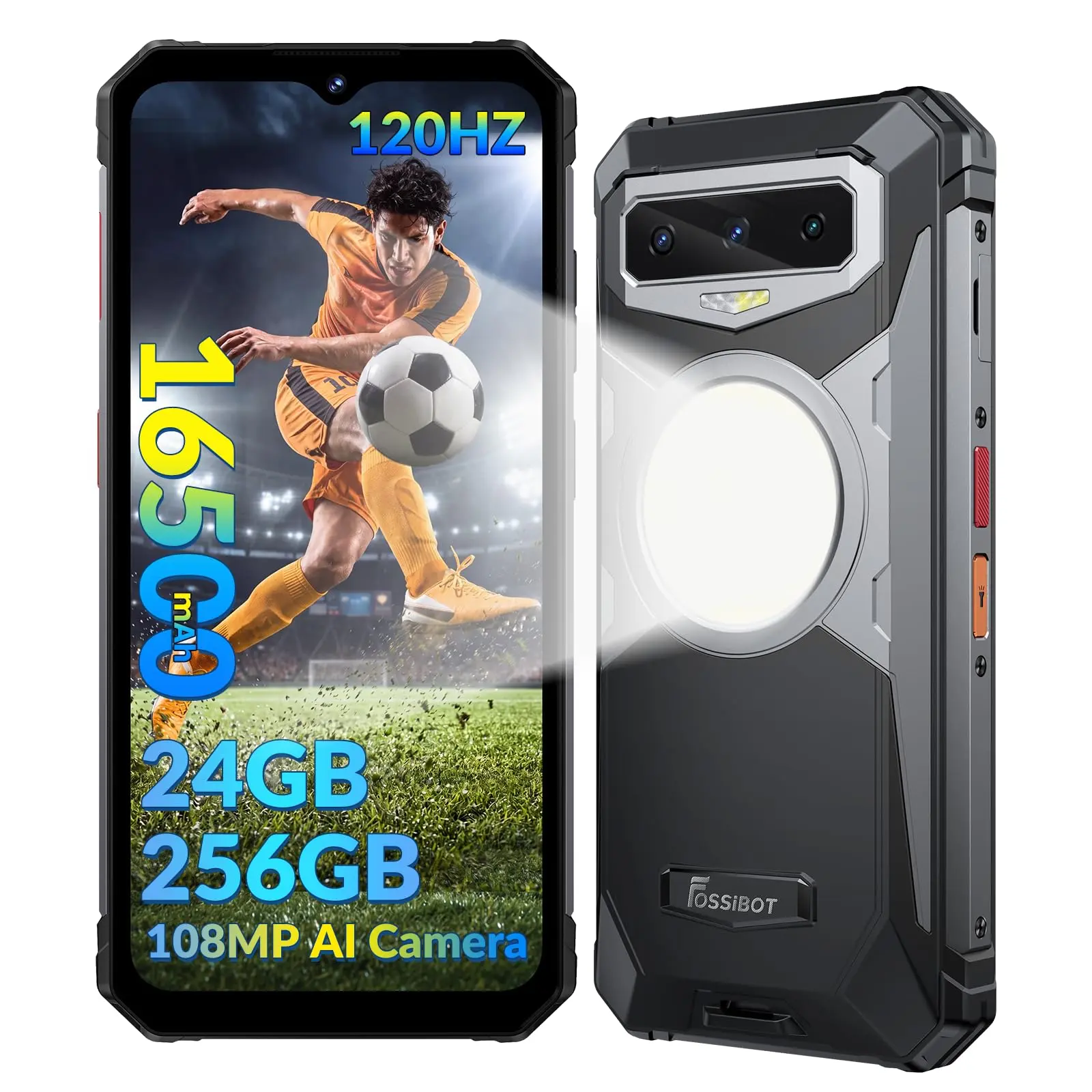 FOSSIBOT F102 Rugged Phone Unlocked, 20GB+256GB Phones | 108MP+20MP Night Vsion, 16500mAh/33W Battery, 6.58" FHD+120Hz Display,512LM Camping Light IP68/IP69K Smartphone