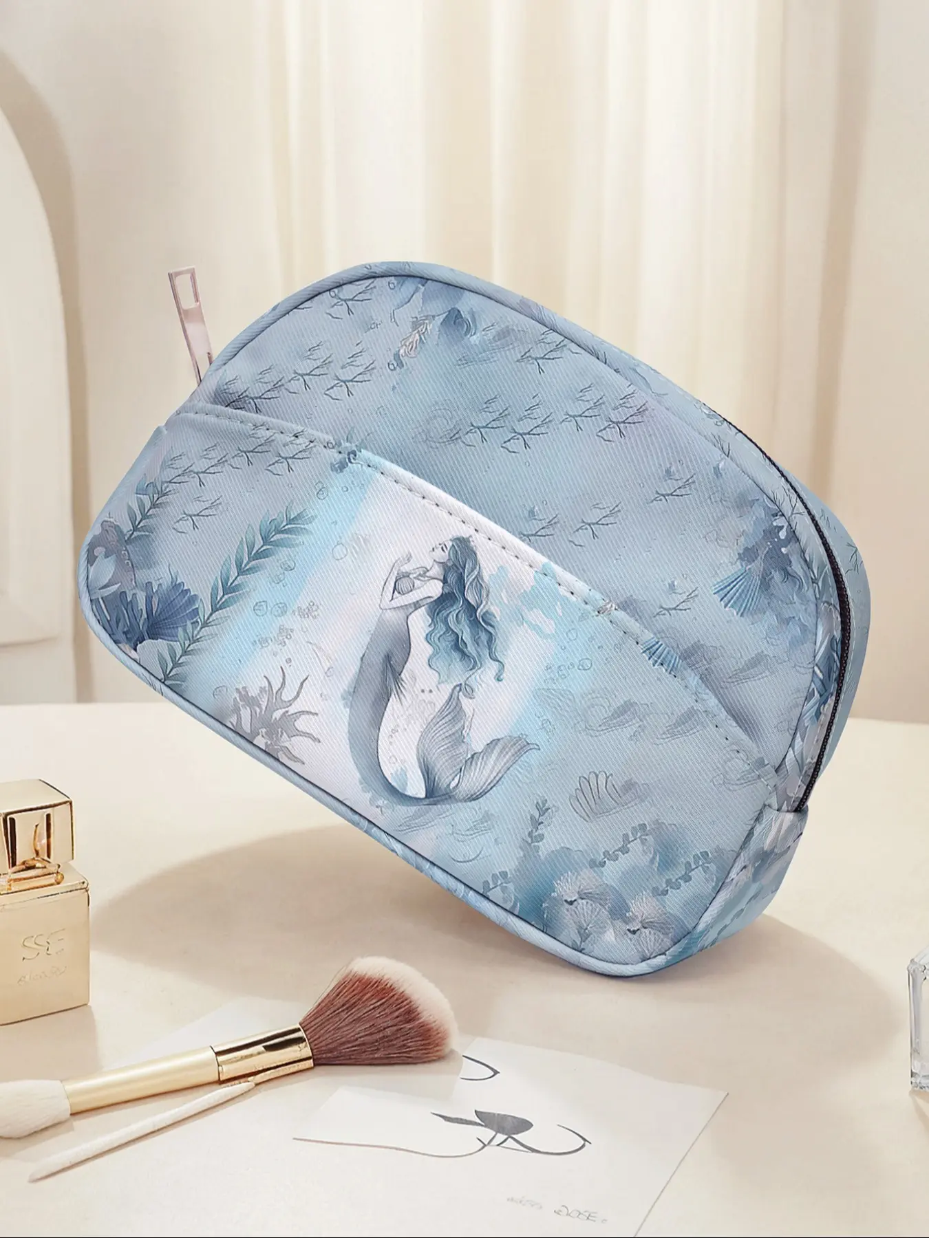 Mermaid Pattern Portable Travel Cosmetic Bag, Brush Holder & Accessories Organizer, Large Capacity Makeup Pouch, Toiletry Pouch, Makeup Storage Organizer, Cute Fashionable Evening Bag
