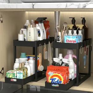 2pcs Under Sink Organizer Double Tier Sliding Storage Basket with 8 Hooks Kitchen Bathroom Storage Solutions Organizers and Storage Rack for Cabinets Organization
