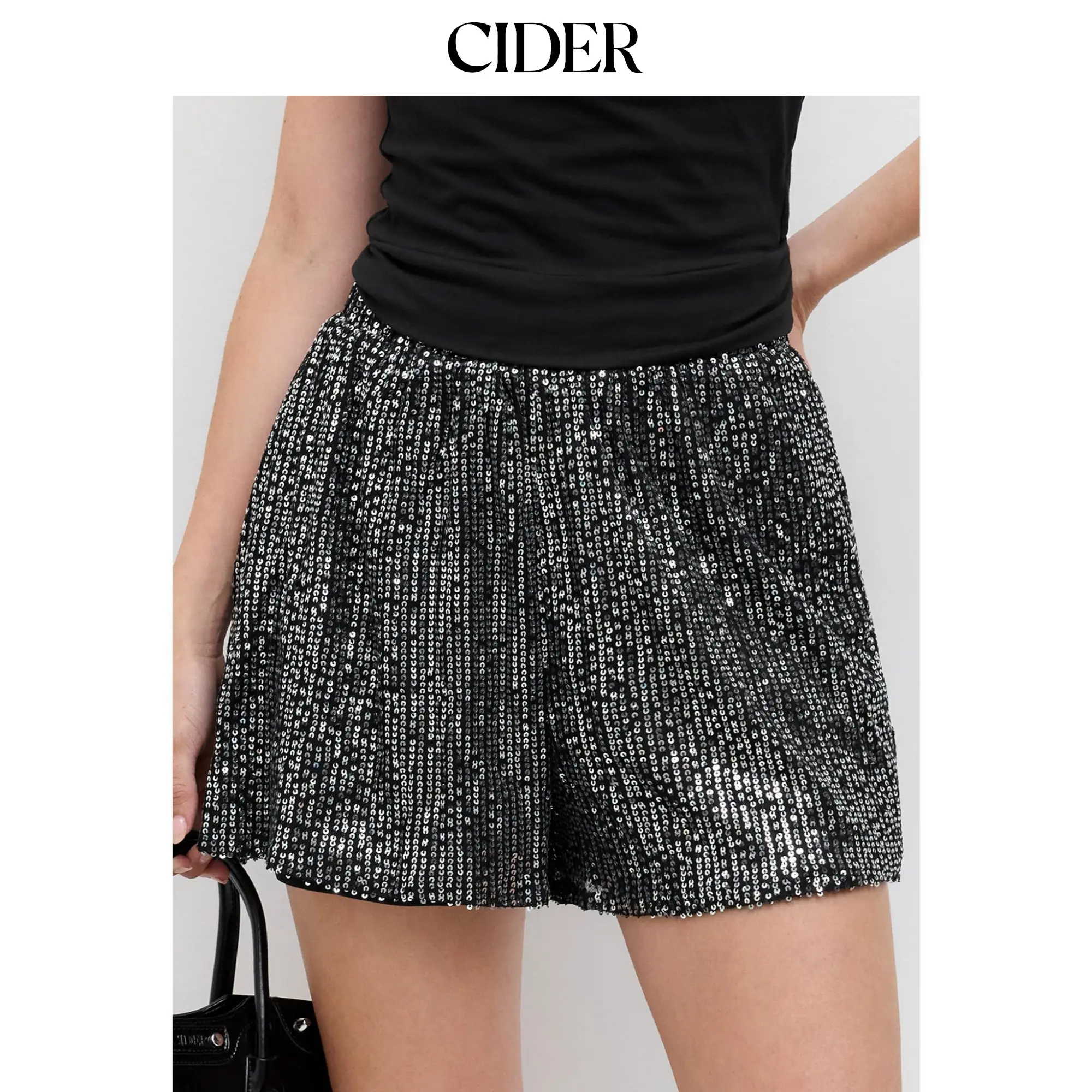 Cider High Waist Sequin Shorts, Bottoms, Sparkly, Glitter Sequins Shorts, Party, Women, Elastane, Bottom, Solid Sequins