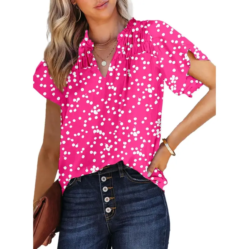 Dokotoo Women's Casual V Neck Alicia Floral Print Smocked Short Sleeve Chiffon Blouses Bohemian Top Shirts X-Large Pink