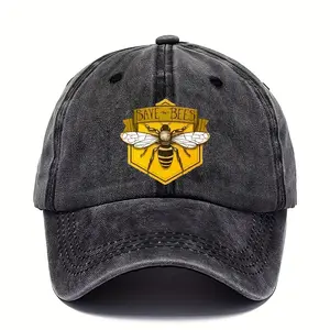 Men's Hexagonal Bee Pattern and "Save the Bees" Print Adjustable Baseball Cap - Breathable, Sun Protection, Hand Washable, Casual Outdoor Sports Fabric Baseball Hat