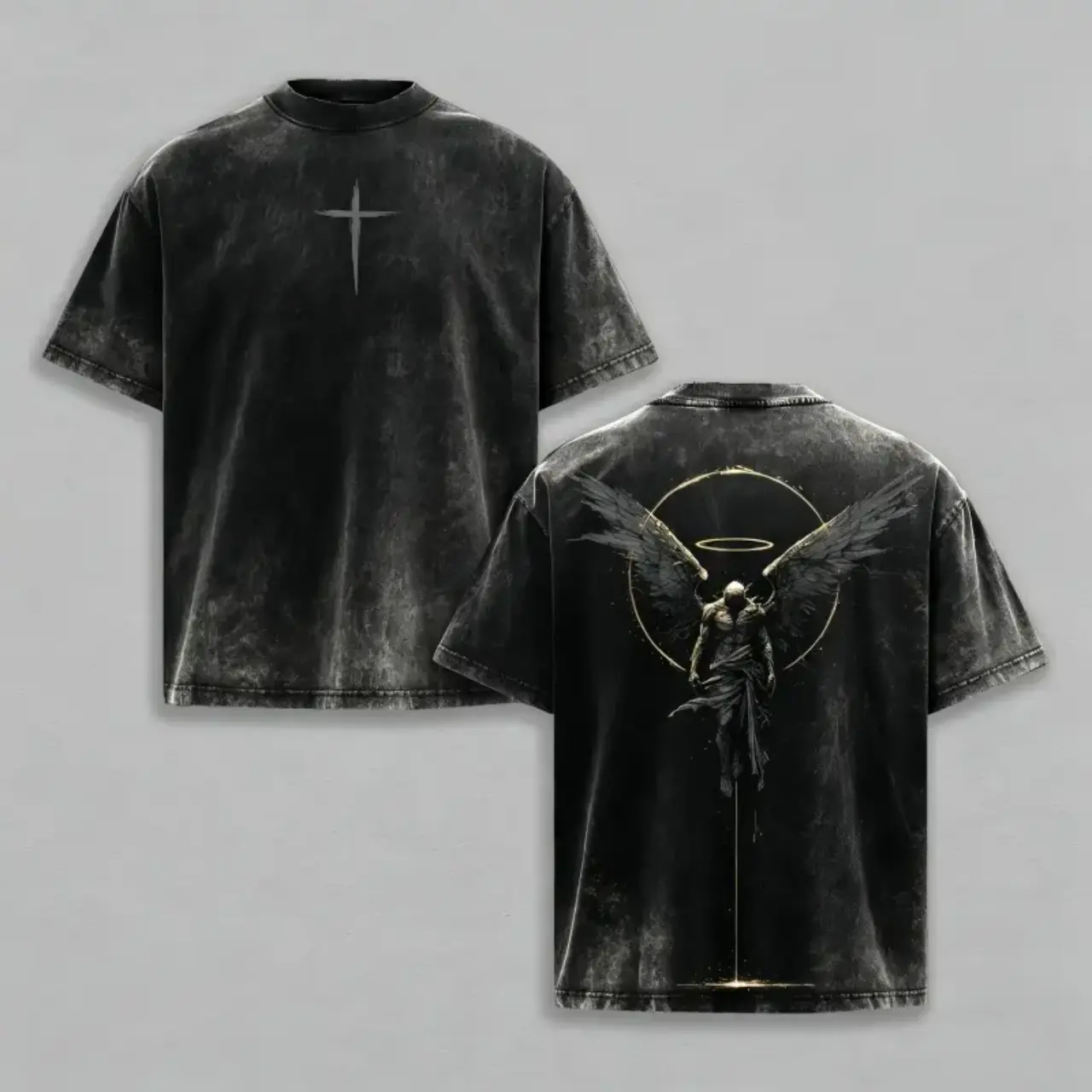 Gothic Faith Fallen Angel & Crusader Print,T-Shirt Y2K Aesthetic Dark Angel Shirt, Pre-Washed Vintage Acid Wash, Rib Collar, Streetwear, T Shirt,back to school shopping