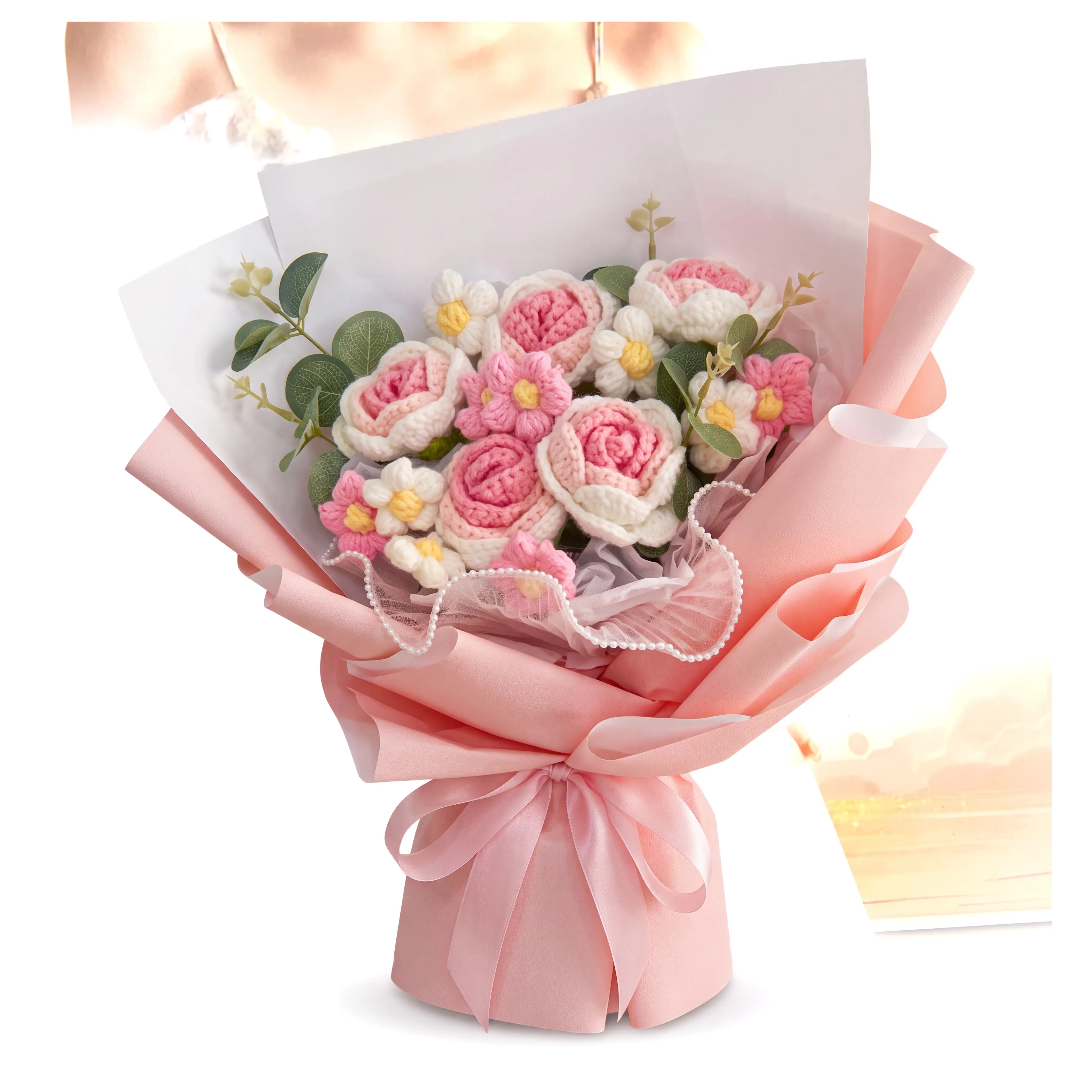 Crochet Flower Bouquet with Pink Roses, White Daisies, Pink Wrapping Paper & Ribbon, Greeting Card Included – Home Decor for Living Room/Bedroom, Ideal Gift for Lovers mom appreciation fall christmas festival tropical outside porch window box decoration