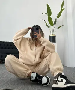 Oversized Beige Zip-Up Hoodie & Jogger Set