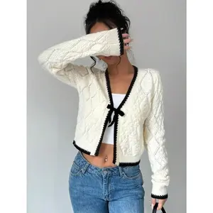 Tie Front Cropped Cardigan Dressy Fall Sweaters Long Sleeve Knit Crochet Tops