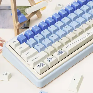 Blue & White Custom Anime Keycaps – 130 Keys Dye-Sublimation PBT Cherry Profile Minimalist Keycap Set for Cherry Gateron MX Switches Mechanical Gaming Keyboards