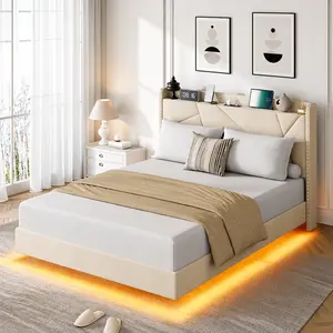 SA-Garvee Full to Queen Size Floating Bed Frame with LED Lights and Charging Station, Upholstered Bed Frame with Storage Headboard, Button Tufted Design, No Box Spring Needed, Easy Assembly