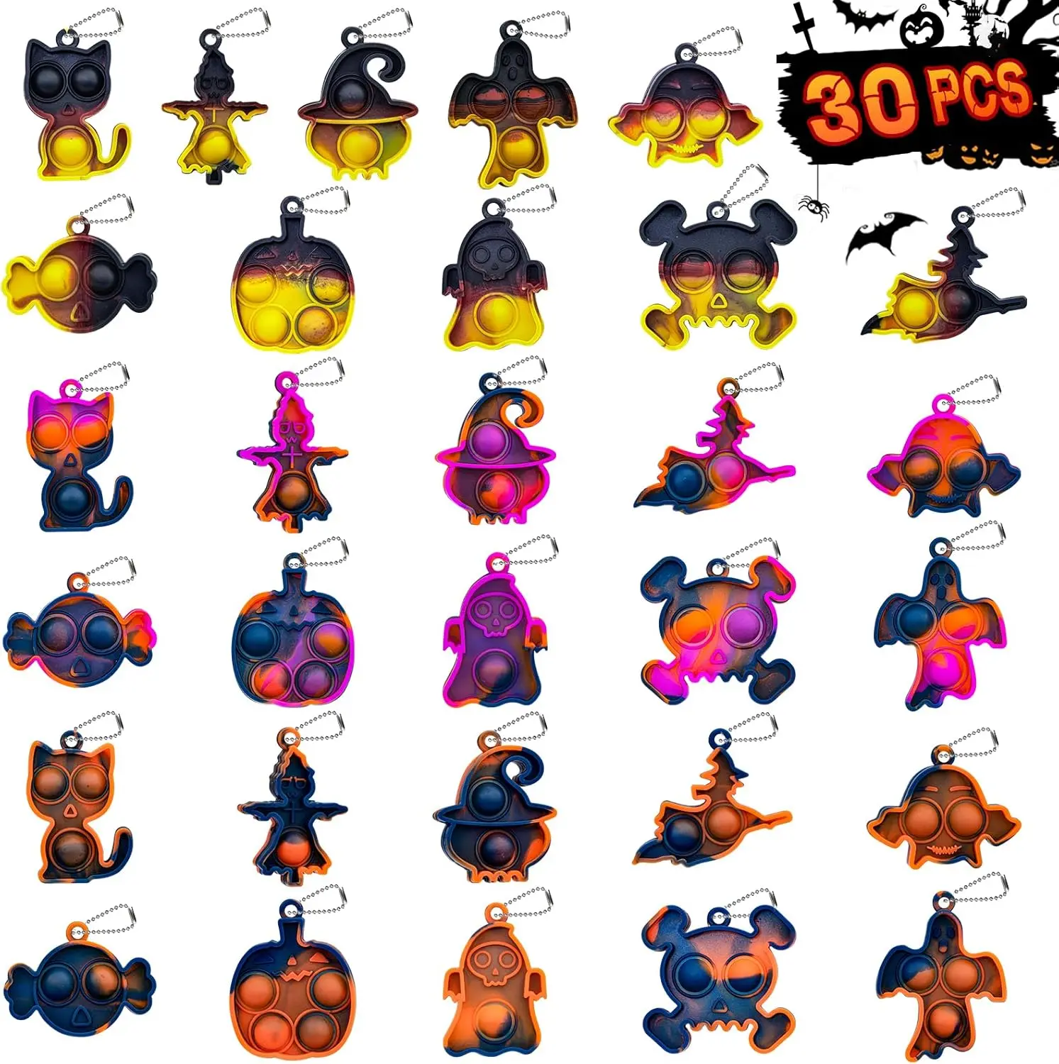 30PCS Halloween Pop Fidget Toys Bulk, Mini Pop It Keychains for Kids, Halloween Party Favors, Trick or Treat Goodie Bag Stuffers, Classroom Prizes, Non Candy Halloween Treats, Sensory Fidget Toys