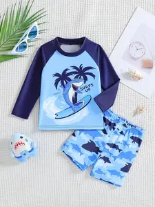 Boys Shark Theme Swimwear Set, Swimwear Outfits, Long Sleeve Sun Protection, Surf Style Rash Guard, Camo Shorts, Quick Dry Fabric, 0-3 Years