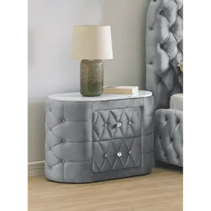 1pc Oval Faux Marble Top Nightstand 2- Drawers Storage Gray Finish Button Tufted Faux Crystal Tufted