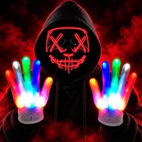 Spooky Adult Halloween Horror LED Light-Up Mask and Gloves - 4 Lighting Modes, Versatile LED Lights Illumination, Roleplay Accessories, Bonfire Gift