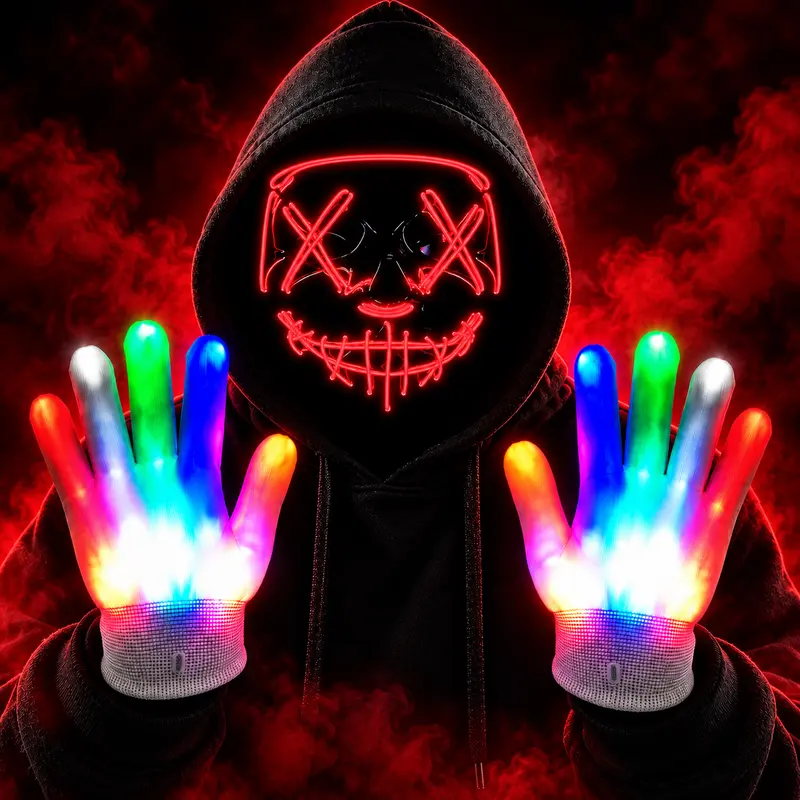 Spooky Adult Halloween Horror LED Light-Up Mask and Gloves - 4 Lighting Modes, Versatile LED Lights Illumination, Roleplay Accessories, Bonfire Gift