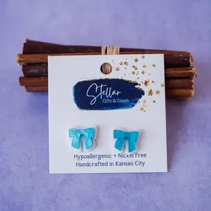 Blue Sparkle Pearl Bow Studs