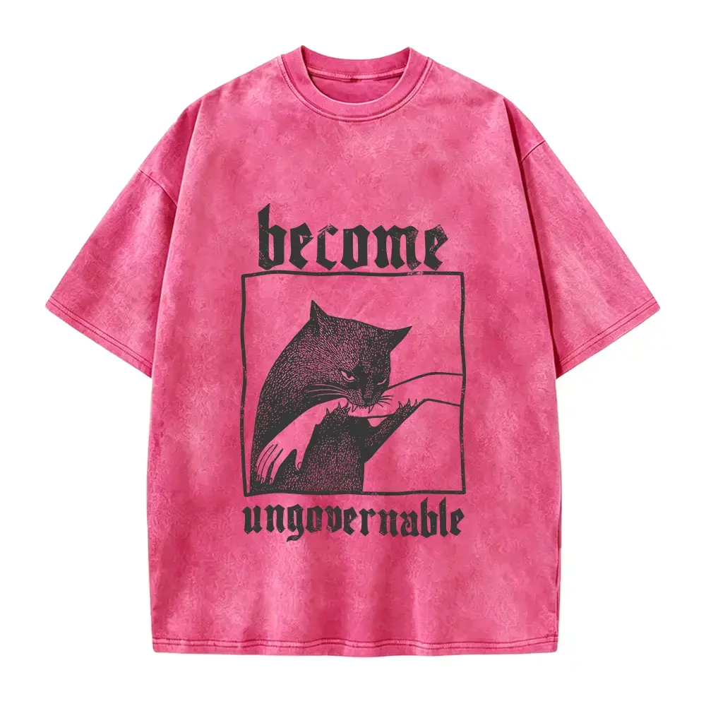 Become Ungovernable Funny Graphic Cat Biting Hand T-shirt, Vintage Graphic Tee, Silly Cats Shirt, Unisex Cotton, Gag Gifts Menswear Top Man Tshirt Streetwear Round Neck Crewneck Tropical Casual
