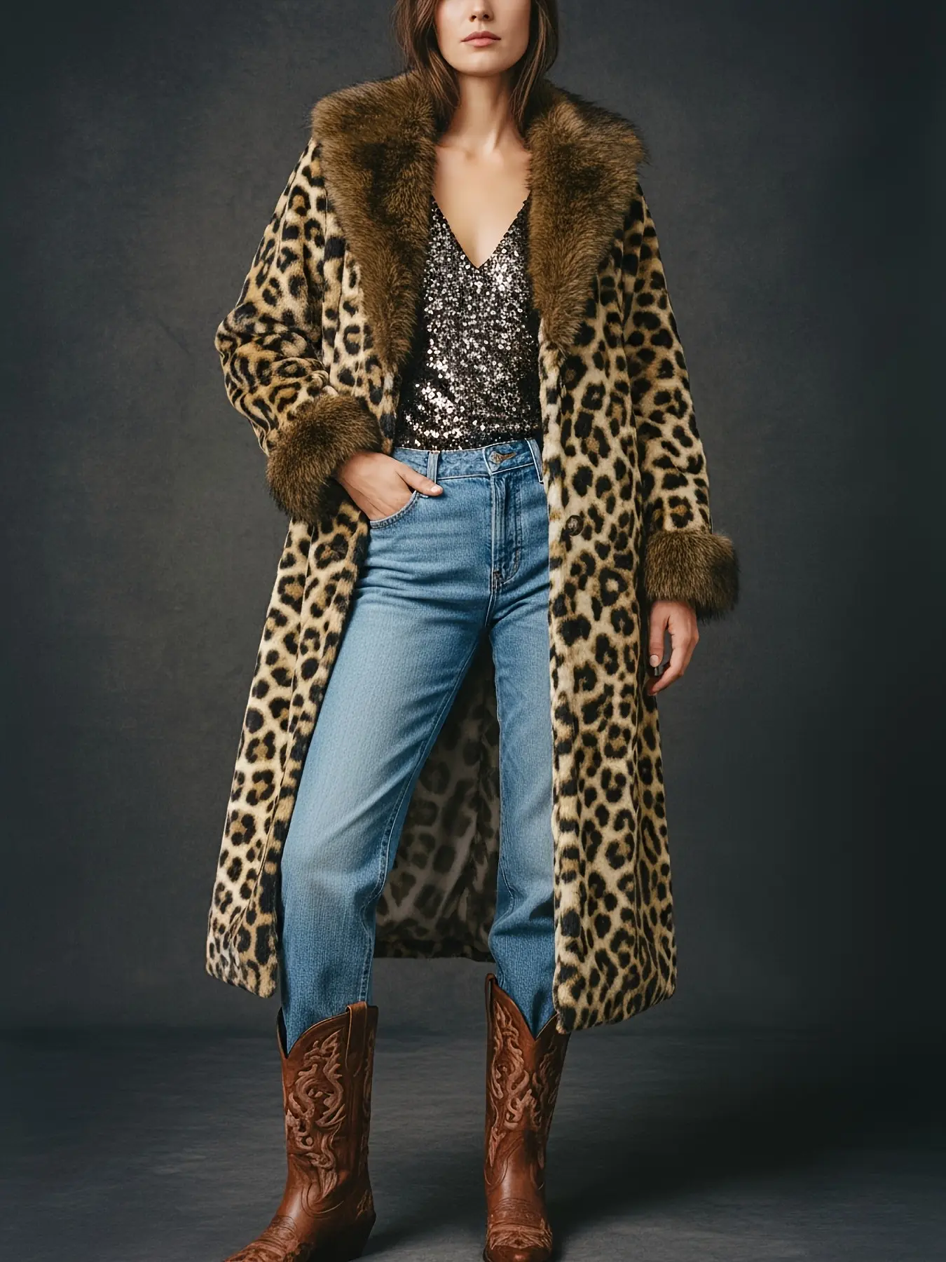 Women's Leopard Print Fur Collar Fashion Warm Coat, Stylish Winter Outerwear, Cozy and Trendy Jacket for Ladies, Womenswear